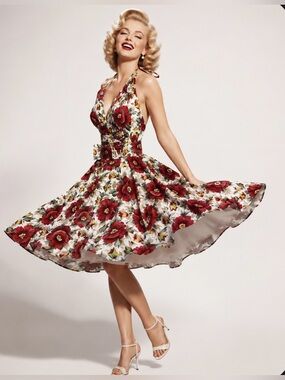 VTG 60’s Floral Belted Halted Swing Marylin Monroe Style Dress Red & Yellow 7/8
